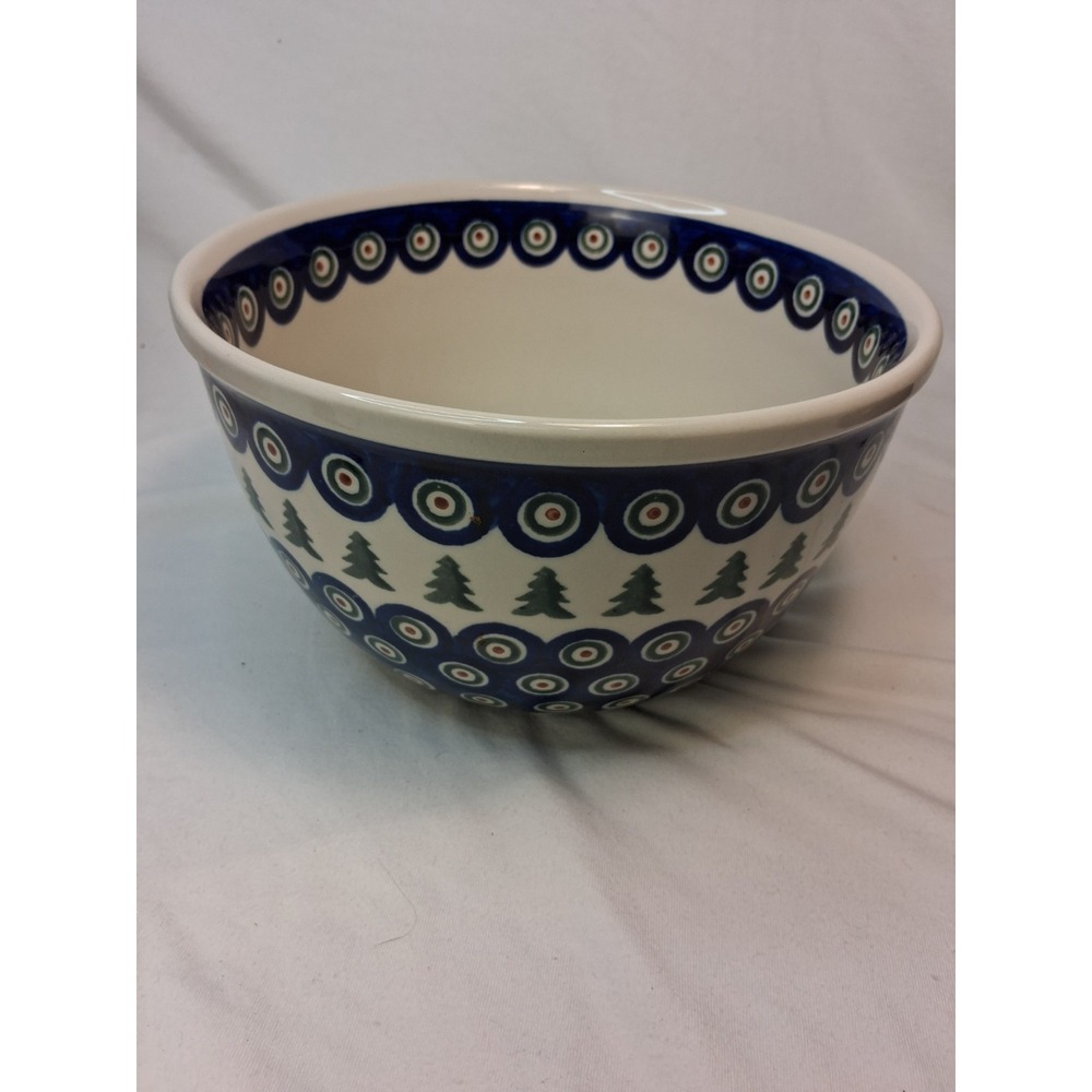 BOLESLAWIEC 8"(W) X 4.25" (H) BOWL HAND PAINTED & HANDMADE PEACOCK PATRN & TREES - Picture 2 of 6